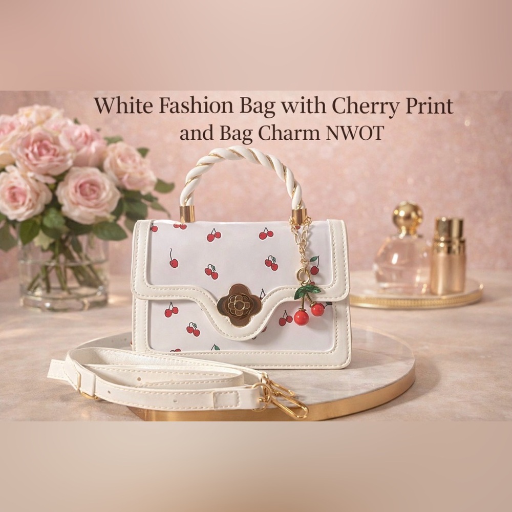 White Fashion Bag with Cherry Print and Bag Charm NWOT